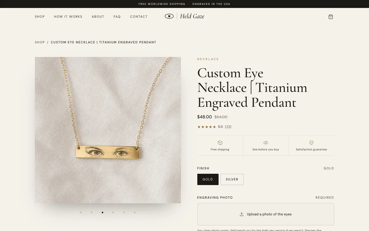 Necklace page with the photo upload