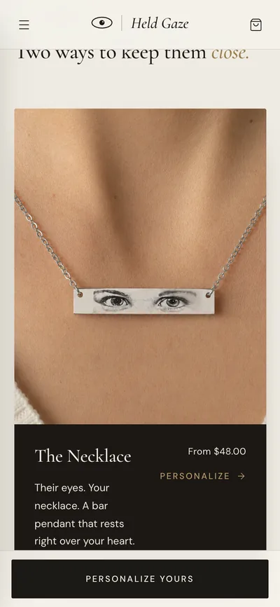Necklace page with the photo upload, on a phone